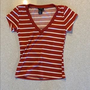 Red and White Striped V-neck T-shirt